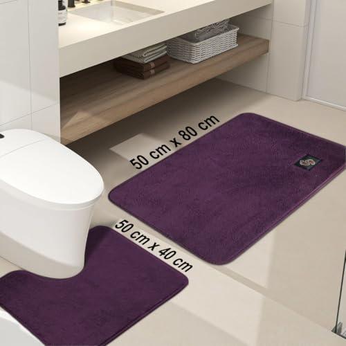 B&B Bathroom Mat Set of 2 (50 x 80 cm + 50 x 40), Soft Microfiber Bath Rugs, Non-Slip Shaggy Bath Carpet, Machine Wash Dry Bath Mats for Bathroom Floor, Tub and Shower, Plum