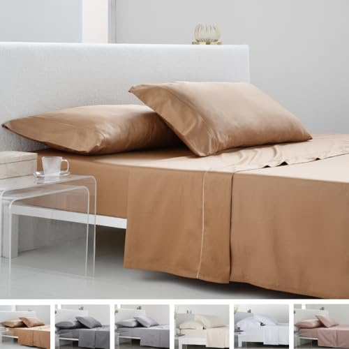 COTTON ARTean Set di lenzuola 180 x 190 / 200 raso cotone egiziano da 300 fili terracotta: 1 lenzuolo + 2 federe + lenzuolo sotto con angoli 180 x 190 / 200