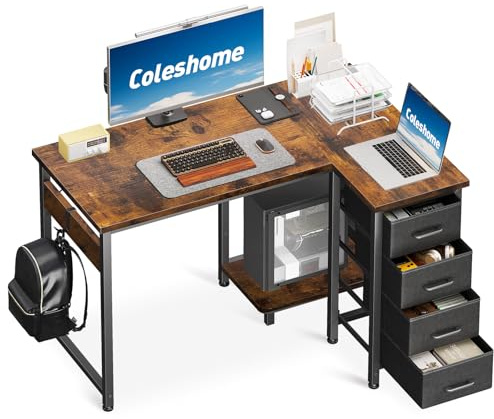 Coleshome Eckschreibtisch, 100x70cm Schreibtisch L Form mit 4 Schubladen, Umkehrbarer Computertisch for Büro Arbeitszimmer Schlafzimmer, Vintage Brown