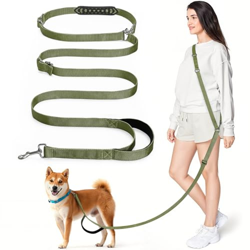 Tivray Laisse Mains Libres pour Chien 2,6 m, Laisse Ajustable pour Chiens Moyens, Course Jogging Marche, Portée Épaule Taille ou Main, 3 Anneaux Multifonctions, Poignée Rembourrée,Vert Armée