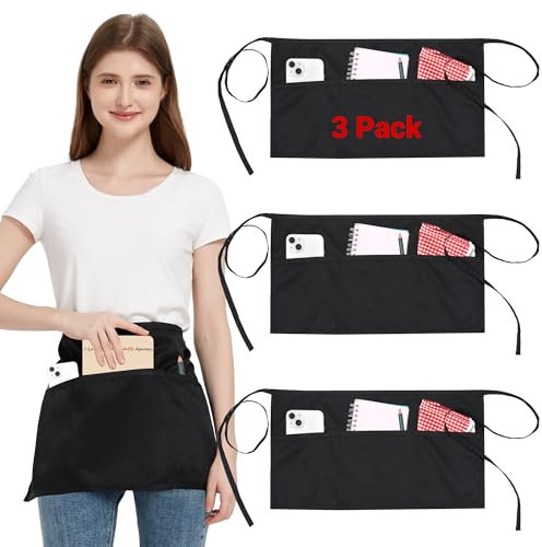 3 Pack Waist Apron with 3 Pockets, Black Waitress Waiter Aprons for Women Man, Water Resistant Server Aprons Long Straps Bistro Apron for Chef Restaurant Work Bar (3, Black - 23.62''X11.81'')