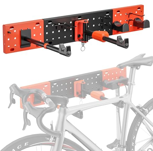 Mimoke Support mural pour vélo, réglable verticalement et horizontalement, capacité de charge jusqu'à 30 kg, panneau perforé avec crochet à outils, peu encombrant, pliable, VTT, vélo de route