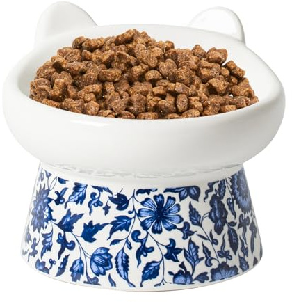 TIGOADT Gamelle en Céramique pour Chat, Surélevée, Large Peu Profonde à Gamelle Inclinée avec Support, Bol Chat Anti-Vomissement Idéal pour Chatons et Chats Âgés (Motif Bleu et Blanc)