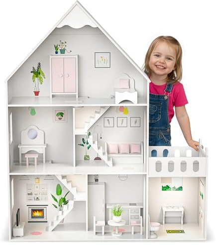 Barbie Casa de muñecas de madera grande 118 cm – Kinderplay 3 pisos casa de muñecas para niños con muebles, luz LED, pegatinas y accesorios – Casa de juegos de madera moderna regalo a partir de 3 años