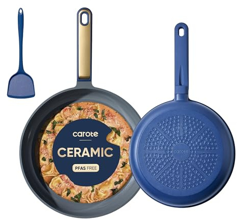CAROTE 9.5'' and 11'' Nonstick Ceramic Frying Pan Skillet, Non Stick Skillet with Heat Resistant Handle, Healthy & PFOA/PFAS Free, Induction-Compatible,Dishwasher Safe & Includes Silicone spatula,Blue