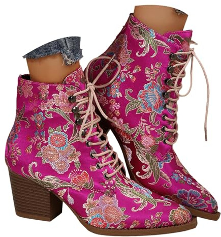 Generisch Botines para mujer de piel sintética con bordado de flores, botines con cordones, suela de plataforma, botas de invierno, tacón alto de bloque al tobillo, zapatos para ocasiones festivas