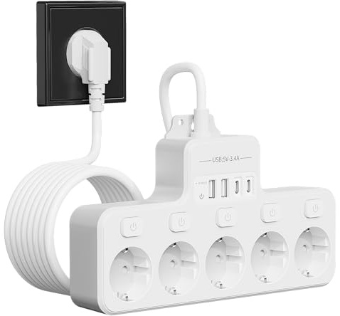 RivHillX Steckdosenleiste Einzeln Schaltbar mit LED, Tischsteckdose mit USB Smart Schalter, Mehrfachsteckdose Wandmontage Steckdose 2M für Tischplatte, Schreibtisch, Küche (5 Fach, weiß)