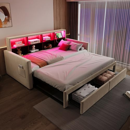 Lcoho Cama tapizada extensible, sofá cama 90/180 x 190 cm, cabecero con compartimentos de almacenamiento integrados, barra de luz LED y enchufes de carga, con dos cajones y somier, tela aterciopelada