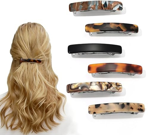 Aucuu 6 Pcs Barrette Cheveux Femmes, 7.5cm Barrettes à Cheveux Vintage, Automatiques Pinces à Cheveux Française Classique, Design Plat, Idéal pour Conduire, Faire du Yoga, du Fitness ou Rester Allongé