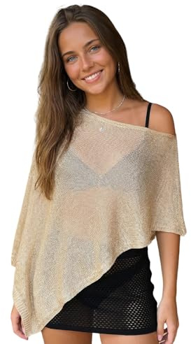 SYHVGI Women's Sheer Mesh Ponchos Off Shoulder Short Sleeve Solid Color Cover Ups Asymmetrical Knit Shawl Tops