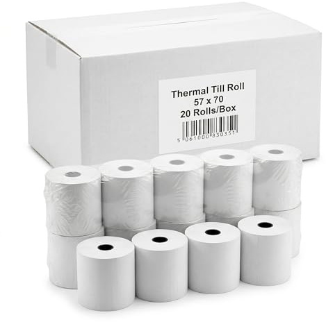 57x70mm Thermal Paper Rolls 20 Pack Bulk Case for POS Receipt Printers | Longer length till stock for card terminals and cash registers, ink free print, shops, cafes, bars, salons, market stalls