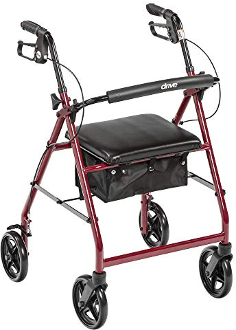 Drive Medical Aluminum Rollator Walker Fold Up and Removable Back Support, Padded Seat, 7.5 Wheels, Red