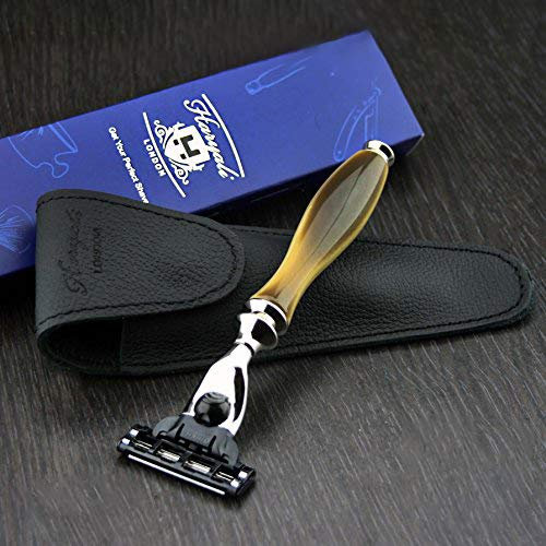 Men's Shaving Triple Cartridge Head Compatible Razor in Horn Replica Handle & Leather Travel Case > Gent's Essentials | Shaving & Grooming | Travel Gear for Him
