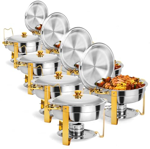 ROVSUN Gold Chafing Dishes for Buffet, 6QT 8 Pack Round Stainless Steel Chafing Dish Set with Lid Holder, Buffet Warmer Set with Stackable Design for Parties Christmas Gatherings Catering Events