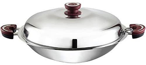 BUFFALO Clad Stainless Steel Wok Pan with Lid Round Bottom 16 inch (40cm) Stir Frying Pan Tri-Ply Nonstick Cookware - Double Handle Cooking Pot for Induction/Electric/Gas Stoves