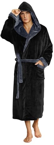 U2SKIIN Mens Fleece Hooded Robe Plush Bathrobe (Black/Dark Grey, L/XL)