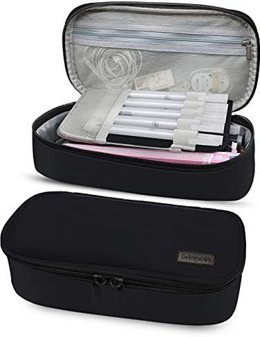 Gloppie Federmäppchen Große Kapazität Mäppchen Praktische Studenten Schreibwaren mit Zwei Reißverschlüssen Langlebig Pencil Case mit Große Kapazität Mäppchen für Schule & Büro, Schwarz