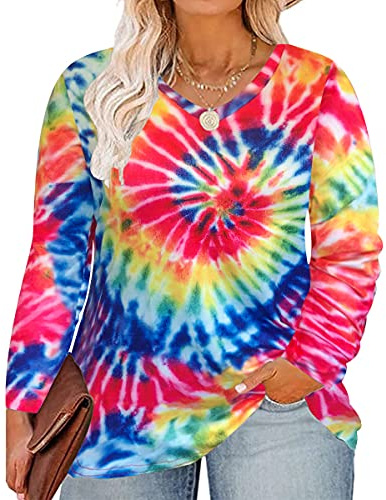 RITERA Women's Plus Size Blouses tie dye V Neck Casual Winter Loose Fit Blouses Flowy Shirts T-Shirts Long Sleeve Top Rainbow red Blue Yellow 3XL 22w 24w