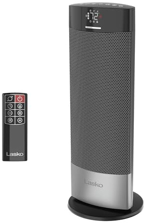 Lasko Ellipse Ceramic Tower Heater for Home with Tipover Switch, Child Lock, Digital Display, Thermostat, Wide Oscillation, Remote, Timer, For Bedroom, Office, Living Room, Den, 1500W, Black, CT18950
