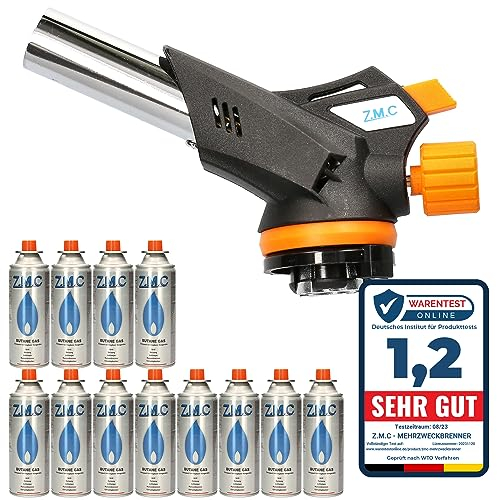 Z.M.C Brûleur à Gaz 1,3 kW + 12 Cartouches de Gaz 227 g - Chalumeau à Flamme Réglable - Bunsen Avec Allumage Piézoélectrique - Pour Cuisine