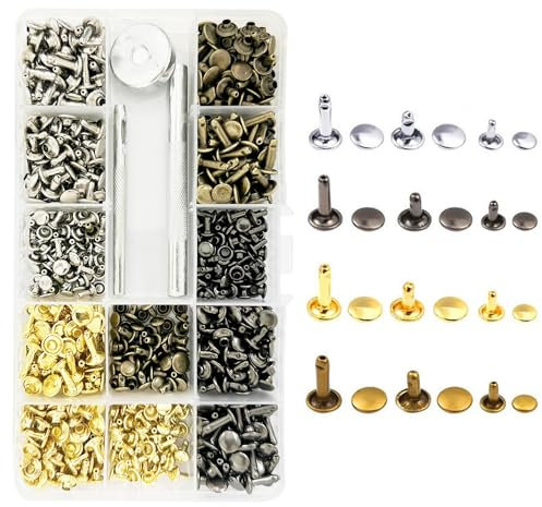 MEMOFYND Juego de 360 remaches con 3 herramientas de fijación, remaches de doble tapa, remaches de cuero, remaches de metal para manualidades de cuero y decoración de reparación de cinturones, etc.