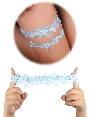 ohmydear Liga de Nvia 2 Piezas Liga Nupcial Elástica Ligueros de Encaje para Novia Garter Boda con Lazo Azul Celeste Accesorios de Novia