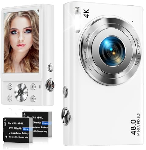 Digitalkamera, 4K Autofokus Fotokamera HD 48MP mit 2,8 großem Bildschirm, 16X Digitalzoom, Kompaktkamera für Fotografie, Fotoapparat für Teenager, Erwachsene, Anfänger（weiß）