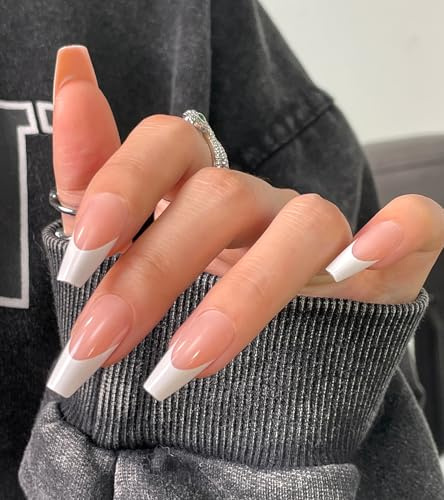 Morily Light Pink White French Tip Press on Nails, 30Pcs Long Coffin Thicker Fake Nails Reusable False Nails with Design, Glossy Acrylic Stick on Nails for Women, 15 Sizes, Include Glass File