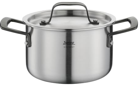 Spring Kochtopf GOURMET, mehrschichtiger Topf mit Deckel aus Edelstahl, backofengeeignet, mit Innenskalierung, Ø 16 cm, Höhe 10 cm, 2 Liter, schwarz