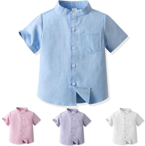 Yanmucy Niños Bebé Camisa Manga Corta Top Stand niños Cuello Botón Abajo Camisa Verano Little Big Boy's Causal Camisas para 2-8 Años (FR/ES, Edad, 2 años, 3 años, Regular, Azul)