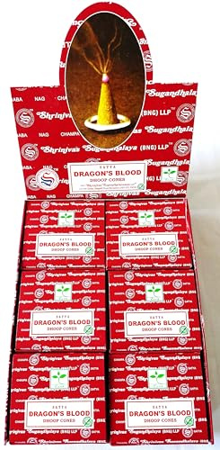 Satya Nag Champa Incense Cones, Dragons Blood Scent, 12 Packs of 12 Cones in each pack (12, Dragons Blood)
