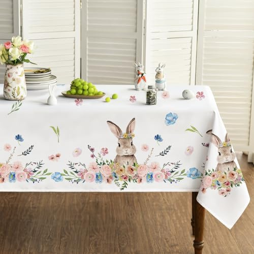 Artoid Mode Tovaglia pasquale a forma di coniglio con fiori, 140 x 160 cm, stagionale, per primavera, antimacchia, biancheria da tavolo, cucina, decorazione per feste