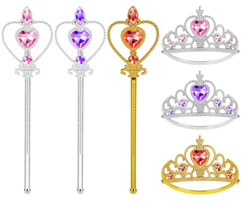 Aolso Elsa Dress Up Accessories Set, 6 PCS Princess Dress-up Party Accessories - Magic Wand and Tiara Crown, Princess Dress Up for Girls Birthday Party and Halloween Cosplay (Yellow/Pink/Purple)