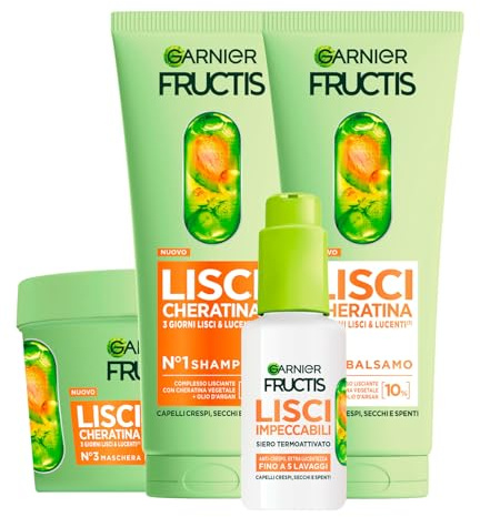Garnier Fructis Cabello Liso Queratina Kit con Champú 200ml + Acondicionador 200ml + Mascarilla 370ml + Sérum Protector Térmico 50ml para Cabello Seco Apagado y Encrespado - Set de 4
