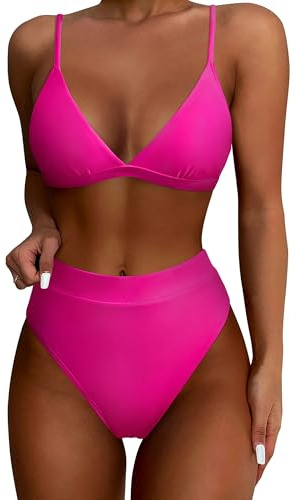 SUUKSESS Women Sexy High Waisted Two Piece Bikini Sets Triangle High Cut Swimsuit Push Up Bathing Suit (Hot Pink, M)