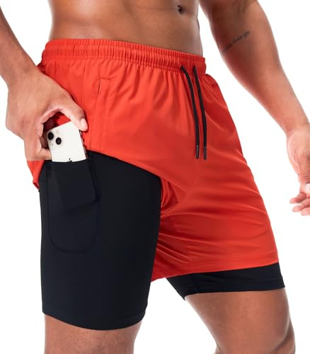 Superora Herr 2 i 1 Sportshorts Löparshorts med Snabbtorkning för Träning och Fitness Flera fickor med Dragkedja Stor Inbyggd Ficka för Telefon, Apelsin, XL