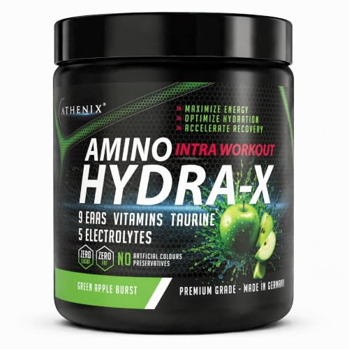 Athenix® Amino Hydra-X Intra-Workout | Green Apple | 9 EAAs + 5 Electrolytes + Vitamins & Taurine | Vegan BCAA + Hydration Powder | 26 Servings | Zero Sugar & Fat | 365g (365g, Green Apple Burst)