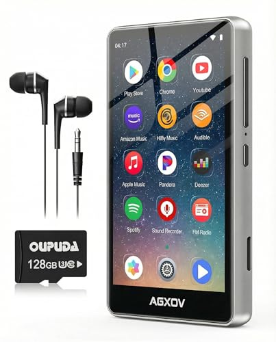 Reproductor MP3 Spotify con Bluetooth y WiFi, AGXOV Reproductor de Musica con Pantalla Táctil de 4,02 Pulgadas, 144 GB Reproductor MP4 Portátil Compatible con Audible, Deezer, Play Store