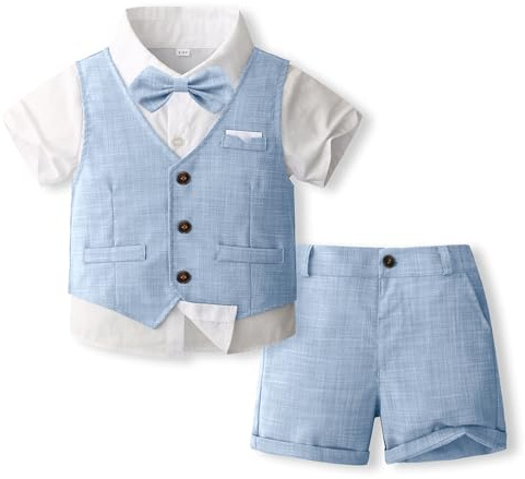 Volunboy Completo Elegante Bambino Camicie + Papillon + Gilet + Pantaloncini, Estivi Cerimonia Nozze Abbigliamento 4 Pezzi(12-18 Mesi,Azzurro,Taglia 80)