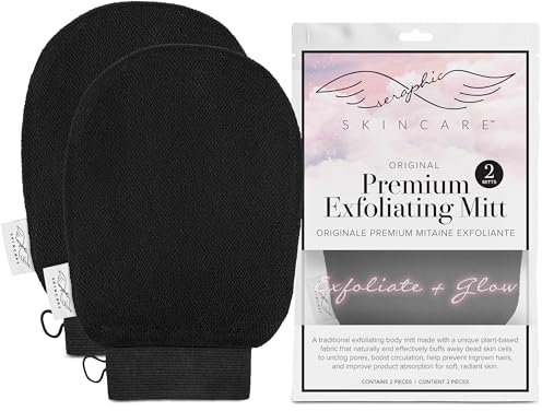 Seraphic Skincare (Original) Premium Exfoliating Mitt for Body (2pc) – 100% Vegan Viscose Traditional Body Scrub Glove Kessa Korean Washcloth – Body Exfoliator for Self-Tan Removal & Keratosis Pilaris