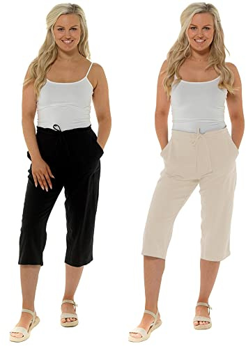 Style It Up Pantaloni da donna in lino a 3/4 pantaloni estivi casual da spiaggia, Nero/Beige - 2 paia, 52