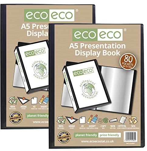 eco-eco Eco064 x 2 Präsentationsbuch, A5-Format, 50% recycelt, 80 Taschen, Schwarz, 2 Stück