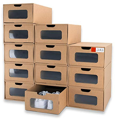 WALL QMER Shoe Box 12 Pack,13.2 x 8.3 x 5.1in Waterproof Storage Boxes, Socks, Stationery, Toys, Underwear,Heavy Duty,Stack-able Cardboard Boxes,with Marking Labels,Transparent Window