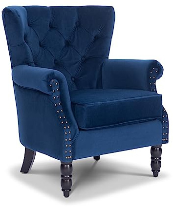 Blue Velvet Chesterfield Armchair – Luxurious Wingback Arm Chair with Scroll Arms, Tufted Velvet Occasional Chair for Living Room, Bedroom or Office – Elegant Navy Armchair and Stunning Blue Seat