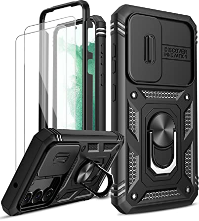 LeYi for Samsung Galaxy S23 5G Case with Camera Cover Slider, 360° Full Body Armour Military Protective Shockproof Phone Cover | 2 Pack Tempered Glass Screen Protector | Ring Stand Holder | Black