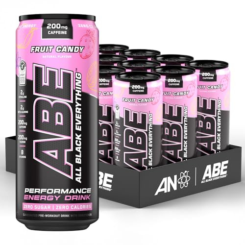 Applied Nutrition ABE Pre Workout Cans - All Black Everything Energy + Performance Drink, ABE Carbonated Beverage Sugar Free with Caffeine (Pack of 12 Cans x 330ml) (Fruit Candy)
