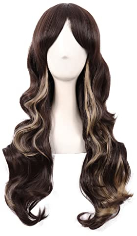 MapofBeauty 28 Zoll/70 cm Seitenscheitel Pony Charmante Frauen Lange Lockige Volle Haar Gewellt Perücke (Braun gemischt Gold)