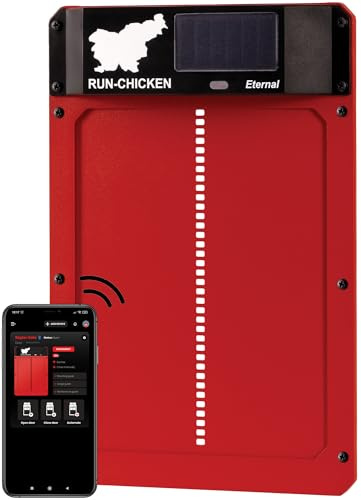 Run‑Chicken Door Eternal Roja – Puerta automática roja para gallineros con energía Solar, batería Recargable de Larga duración, Control por App, Sensor de luz y Aluminio Resistente para Exteriores