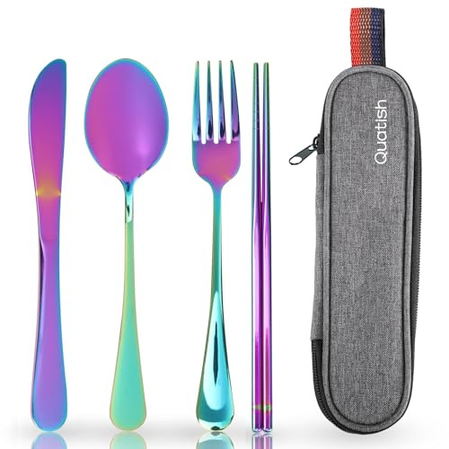 Quatish Camping Besteck, 5 Stück Edelstahl Reisebesteck mit Etui, Besteckset to Go, Campingbesteck für Unterwegs, Outdoor, Reise, Arbeit, Schule, Reise Gadgets, Regenbogenfarbe