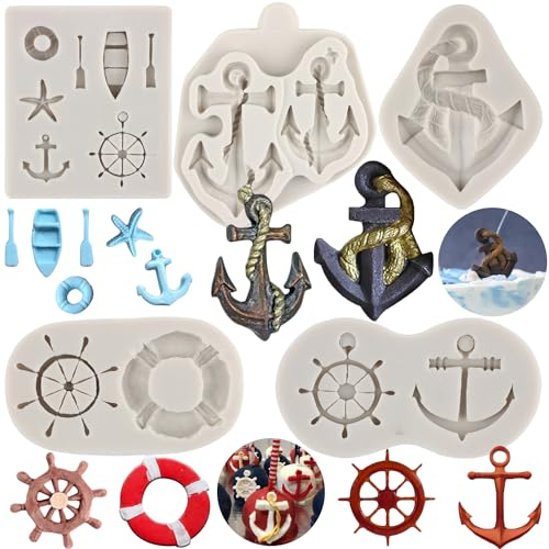 MYPRACS Lot de 5 moules en silicone en forme d'ancre pour décoration de gâteaux en sucre, décoration de cupcakes, bonbons, argile polymère